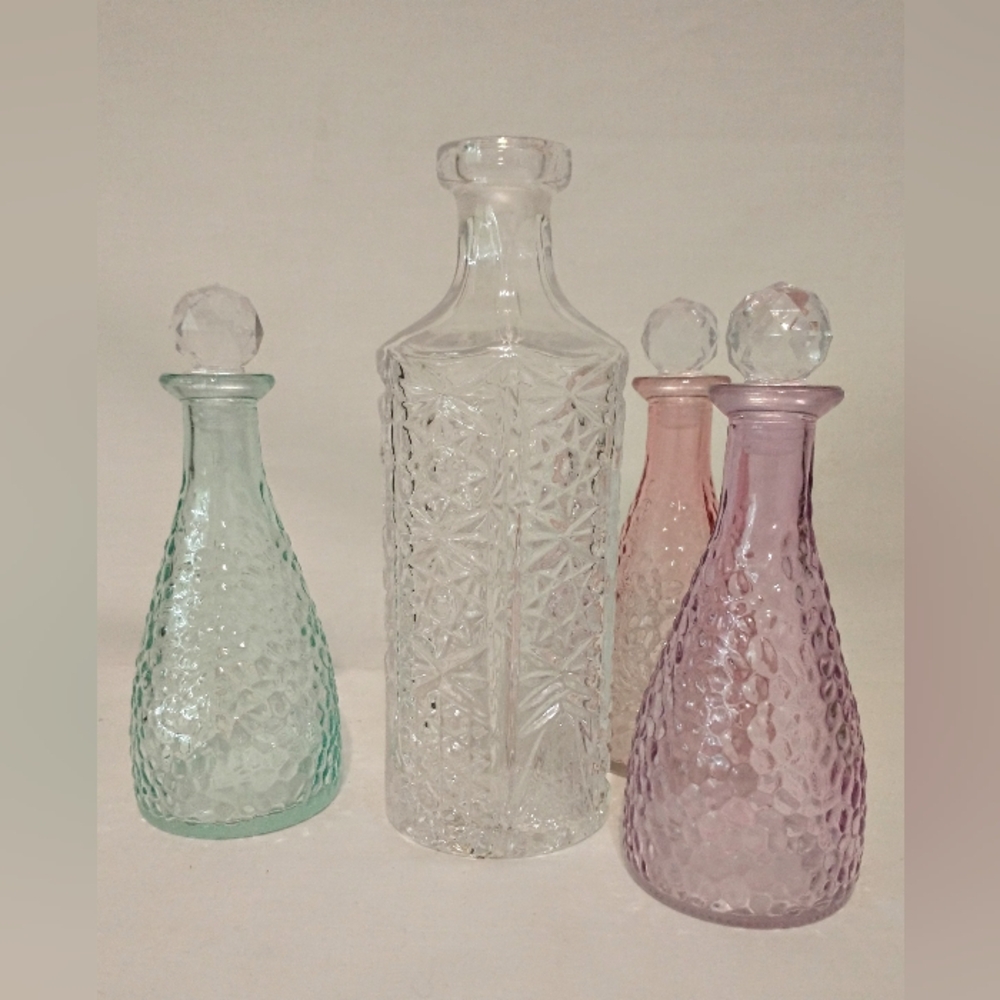 Vintage Empoli Italian Decanter & 3 Pastel Glass Bottles w/ Stoppers - Picture 2 of 11